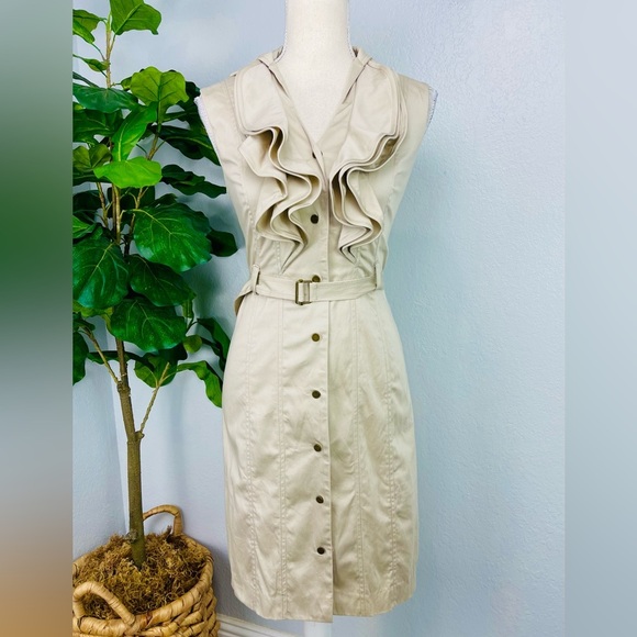 Calvin Klein Khaki Light Tan Ruffle Sleeveless Short Pencil Dress - Picture 1 of 8